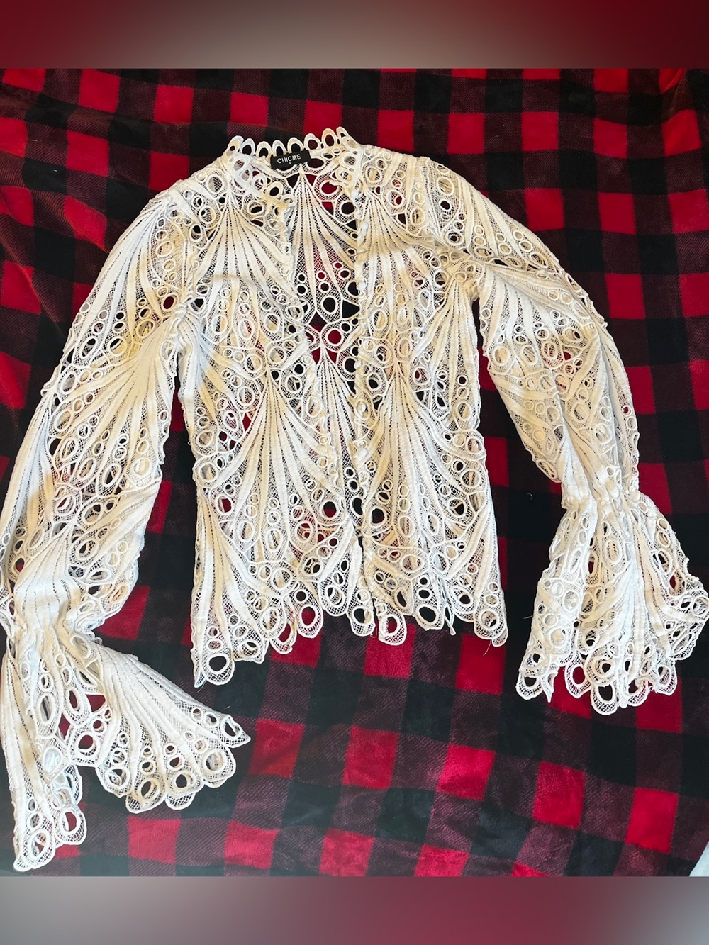 CHICME White Crochet Lace Bell-Sleeve Jacket/ top small